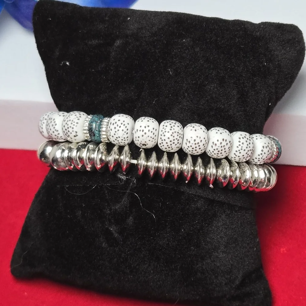 White & Silver Beaded Bracelet Set “I Love You” Charm – 2 Piece Stack Jewelry